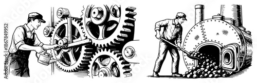 Industrial workers maintaining gears and shoveling coal into furnace