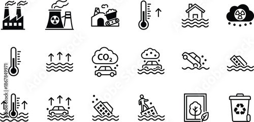 Climate change and environmental disaster icon set featuring global warming pollution floods nuclear energy and recycling line art
