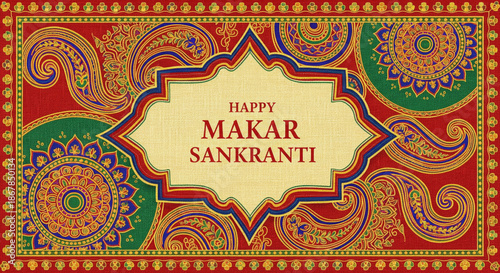 Ornate Indian textile and paisley pattern decorative mandala background with colorful motifs and Happy Makar Sankranti greeting text banner for harvest celebration, Pongal and lohri 