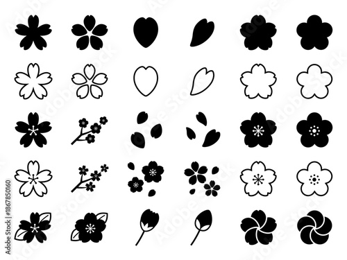 桜のアイコンセット_モノクロ_ベクターイラスト