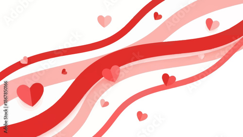 Romantic Valentine's Day Background with Flowing Red and Pink Ribbons and Heart Shapes, Love
