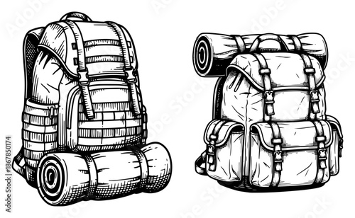 Two military and hiking backpacks with camping equipment sketch