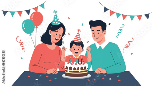 Parents and excited child celebrating birthday with cake, candles, balloons, confetti, party hats!!!