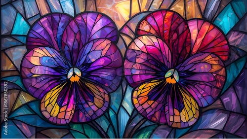Abstract floral background with stained glass pansy flowers 