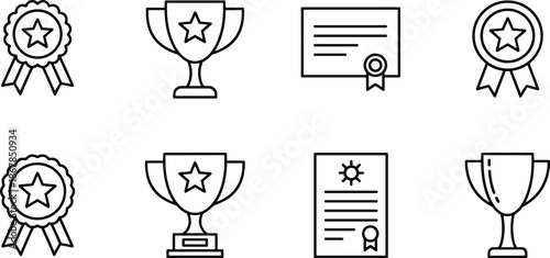Minimalist award icon set with trophy cup medal and certificate line art vectors for success achievement and competition