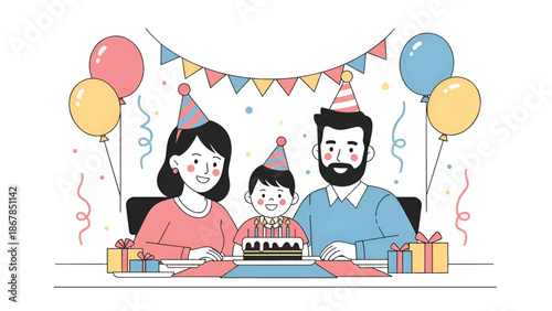 Smiling family of three wearing party hats around a birthday cake with balloons, gifts, and bunting!