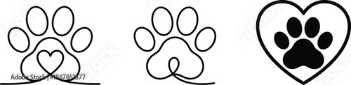 Minimalist dog cat paw print heart line art vector set for pet lovers veterinary clinic and animal branding