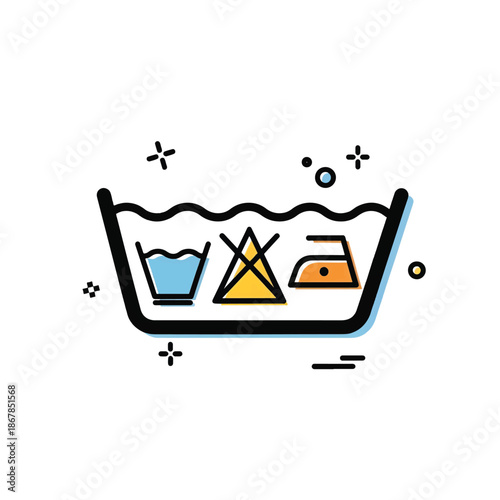 Stylized laundry care panel wash tub with water, crossed bleach triangle, and iron symbol in colors
