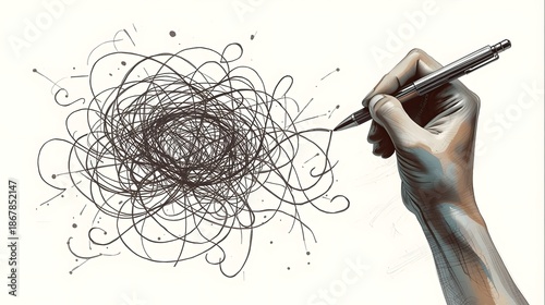 Abstract tangled line drawing showing human thoughts, anxiety, and complex problem solving