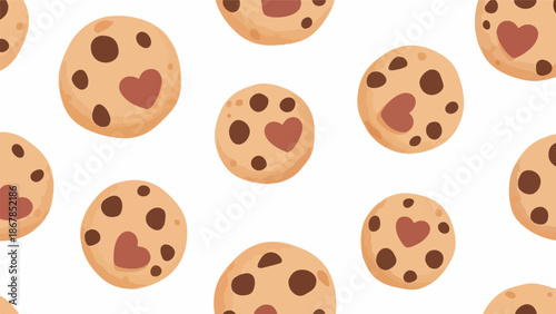 Pattern of chocolate chip cookies with heart-shaped chocolate chips on a white background, flat lay from above with sweet treats.