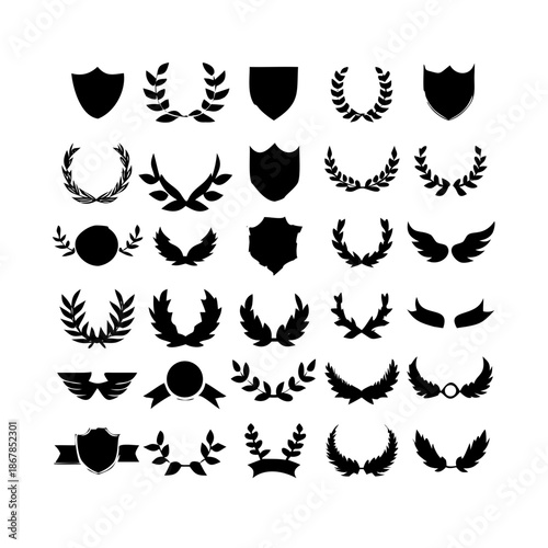 Collection of vector heraldic elements including laurel wreaths shields wings and ribbons perfect for creating logos or designs . elegant laurel wreaths, shields, wings, and ribbon vector set