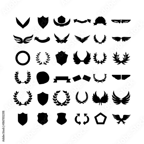 Collection of vector heraldic elements including laurel wreaths shields wings and ribbons perfect for creating logos or designs . elegant laurel wreaths, shields, wings, and ribbon vector set