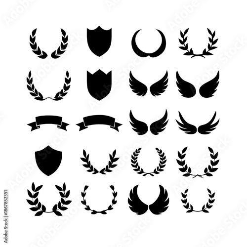 Collection of vector heraldic elements including laurel wreaths shields wings and ribbons perfect for creating logos or designs . elegant laurel wreaths, shields, wings, and ribbon vector set