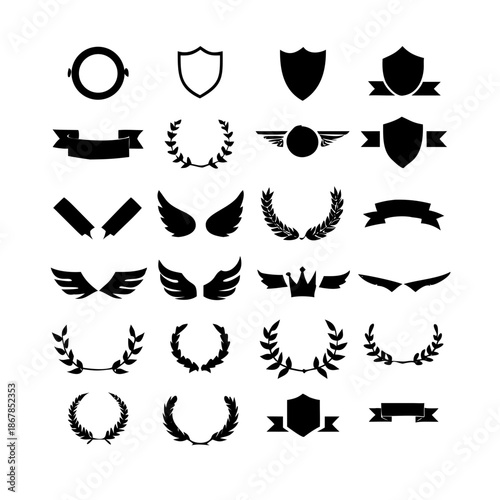 Collection of vector heraldic elements including laurel wreaths shields wings and ribbons perfect for creating logos or designs . elegant laurel wreaths, shields, wings, and ribbon vector set