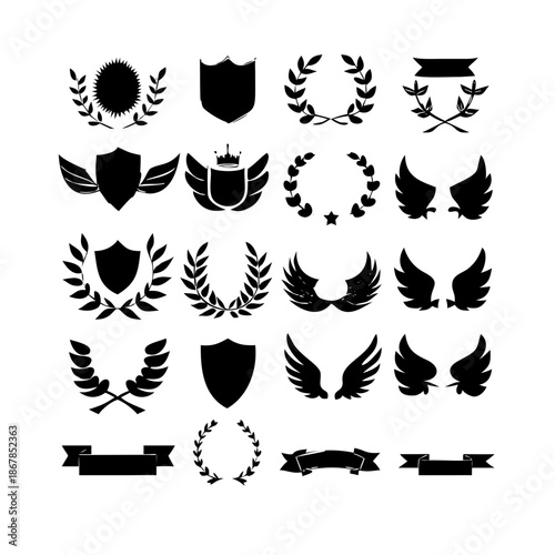 Collection of vector heraldic elements including laurel wreaths shields wings and ribbons perfect for creating logos or designs . elegant laurel wreaths, shields, wings, and ribbon vector set