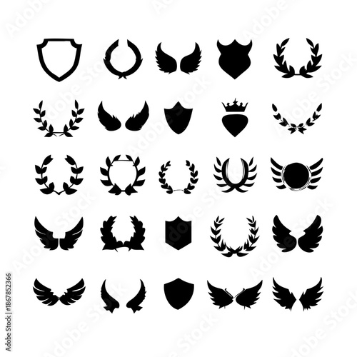 Collection of vector heraldic elements including laurel wreaths shields wings and ribbons perfect for creating logos or designs . elegant laurel wreaths, shields, wings, and ribbon vector set