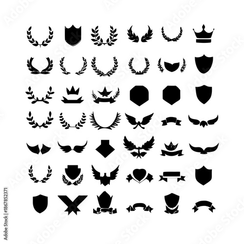 Collection of vector heraldic elements including laurel wreaths shields wings and ribbons perfect for creating logos or designs . elegant laurel wreaths, shields, wings, and ribbon vector set
