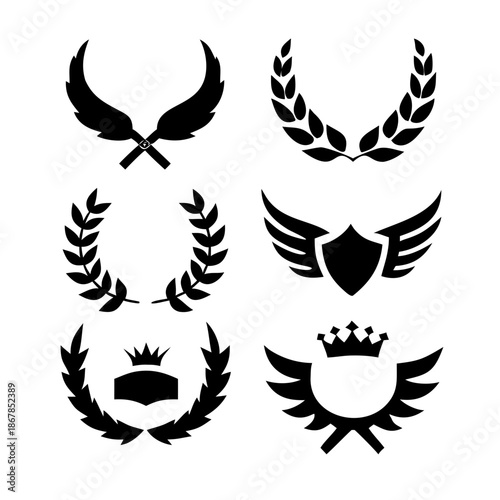 Collection of vector heraldic elements including laurel wreaths shields wings and ribbons perfect for creating logos or designs . elegant laurel wreaths, shields, wings, and ribbon vector set