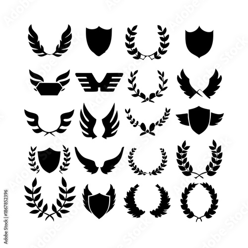 Collection of vector heraldic elements including laurel wreaths shields wings and ribbons perfect for creating logos or designs . elegant laurel wreaths, shields, wings, and ribbon vector set