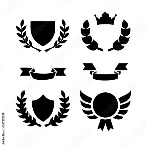 Collection of vector heraldic elements including laurel wreaths shields wings and ribbons perfect for creating logos or designs . elegant laurel wreaths, shields, wings, and ribbon vector set