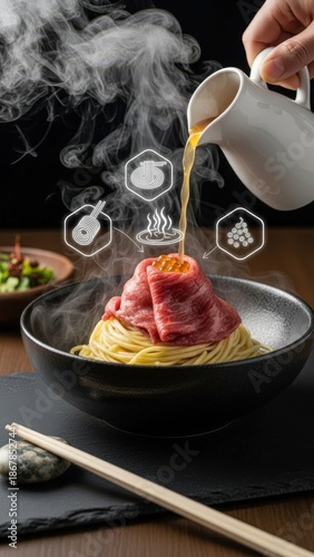 Spectacular Fine-Dining Uyghur Lagman with Dynamic Steaming Consommé Pour over Raw Beef and Futuristic Floating Steam Icons