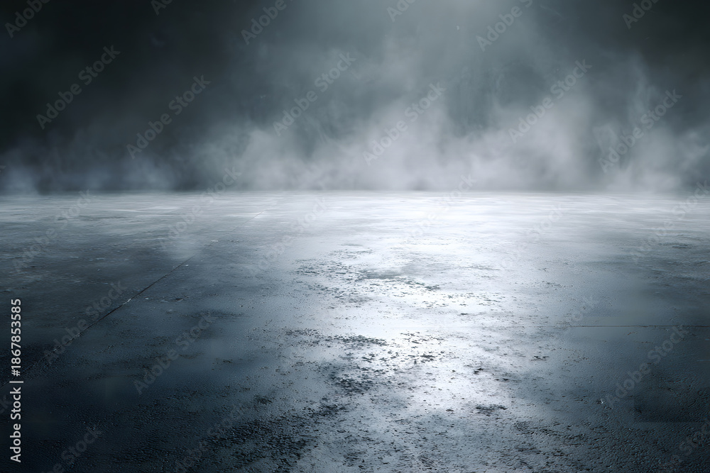 Fototapeta premium Fog covers a dark surface with a light effect in a dim space during nighttime hours