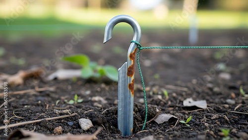 Steel garden anchor with green string and rust in a freshly cultivated plot