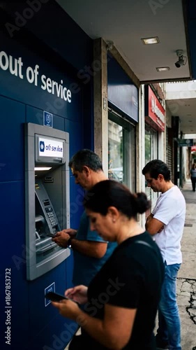 Frustrated People Waiting in Queue at Out of Service ATM Machine on Busy City Street
