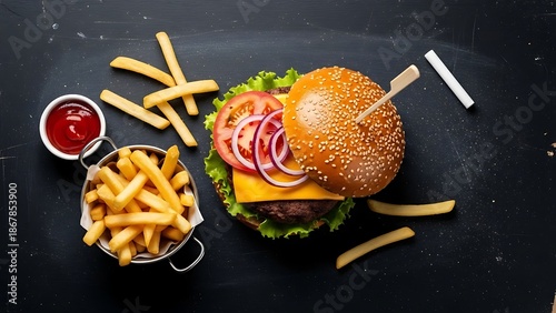 Delicious Burger and Fries on Dark Background