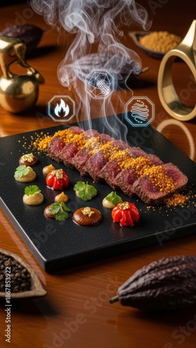 Spectacular Macro Photograph of Opulent Wagyu Beef Suya with Gold Leaf, Rising Smoke, and Futuristic Holographic Aroma and Heat Icons