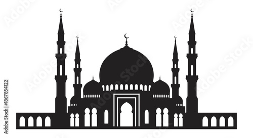 Stylized silhouette vector of a mosque with prominent dome and towering minarets, representing Islamic architecture and spiritual worship. Ideal for religious, cultural, or travel themes