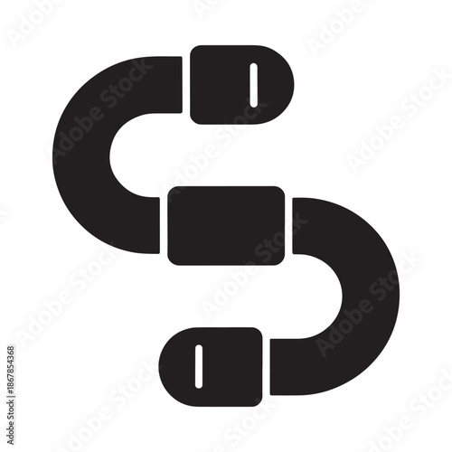 A simple black and white illustration of a stylized telephone handset icon