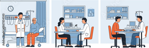 doctor patient consultation, hospital clinic scenes, medical checkup, healthcare service, physician meeting, diagnosis discussion, modern hospital illustration, flat style