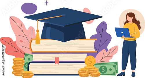 Education finance concept, graduation cap on books, student with laptop, scholarship funding, tuition savings, academic success, modern vector illustration