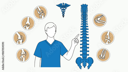 Human skeletal system and spine illustration, joint anatomy, medical infographic, healthcare education, orthopedic diagram, anatomy chart, flat vector design
