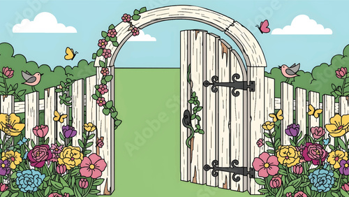 Charming white picket fence gate adorned with vibrant flowers.