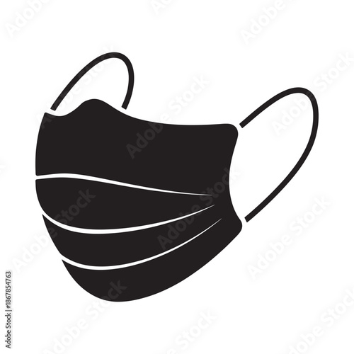 A simple black and white illustration of a disposable protective face mask