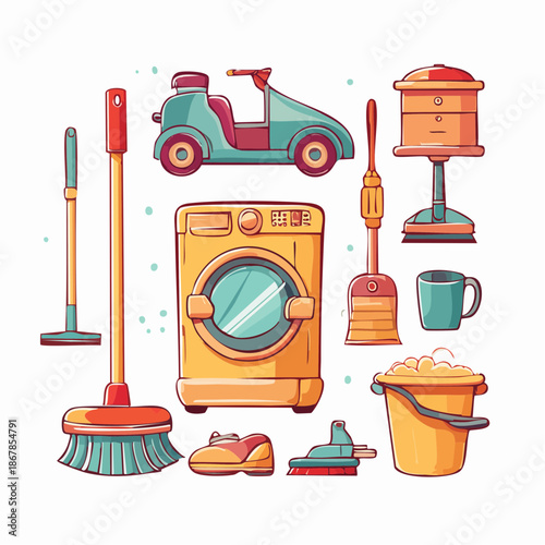 A collection of domestic cleaning equipment, including a mop, washing machine, broom, bucket, and shoe cleaner, all in a bright, cartoonish style