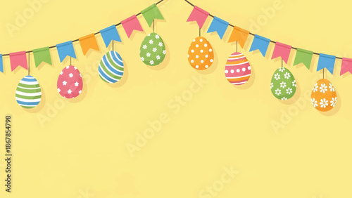 Colorful Easter eggs and festive flags hanging on a string.