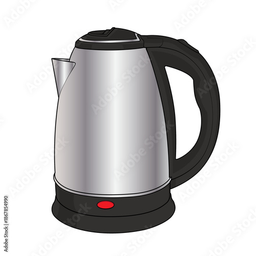 Modern stainless steel electric kettle vector illustration. Realistic design of a silver kitchen appliance isolated on a white background. Suitable for home appliance advertising, kitchen concepts.