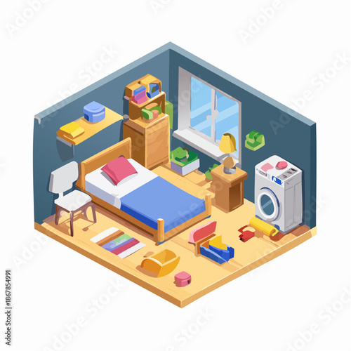 Isometric illustration of a messy and disorganized children's bedroom, featuring a vibrant cartoon interior with scattered clothes, toys, and everyday household items in a lived-in room