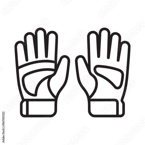 A simple line drawing depicting a pair of black and white work gloves