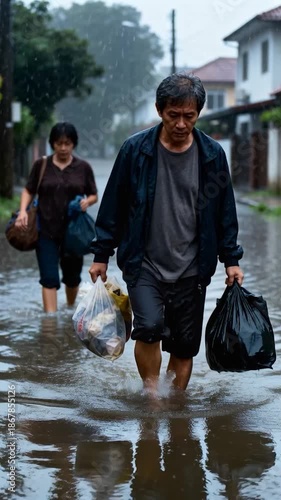Asian Couple Wading Through Flooded Street Carrying Belongings After Storm