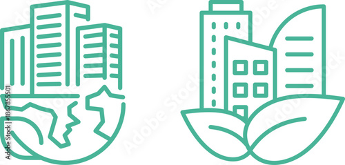 Green city icons set. Includes eco-friendly buildings, renewable energy, sustainable transport, green spaces, and clean environment concepts. Editable stroke. Line icons. Perfect for environmental.