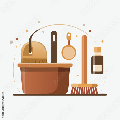 Essential household cleaning supplies and tools for maintaining a spotless home environment, featuring a bucket, broom, and various cleaning accessories