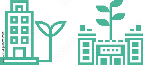 Green city icons set. Includes eco-friendly buildings, renewable energy, sustainable transport, green spaces, and clean environment concepts. Editable stroke. Line icons. Perfect for environmental.