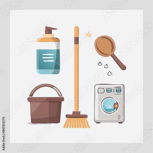 A vibrant collection of household cleaning essentials and laundry equipment, rendered in a modern flat design style, perfect for illustrating domestic chores and home maintenance activities