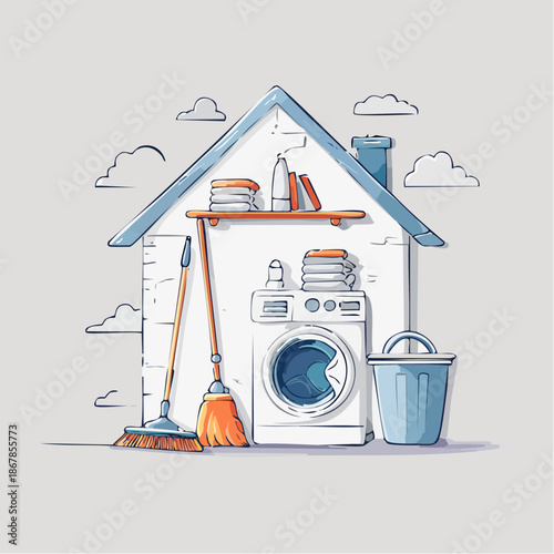 Cleaning supplies and appliances arranged neatly inside a stylized outline of a house
