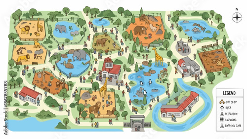 Zoo map showing animal enclosures and pathways for visitors.