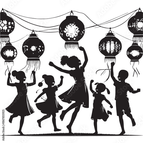 Black Children with Lanterns Silhouette Vector, High Quality Illustration on White Background